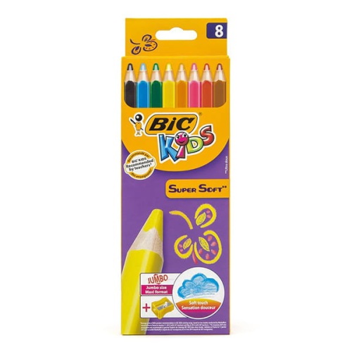 BIC Kids Supersoft Matite Colorate – Confezione Da 8 Colori Con Temperino, Mina Morbida 5.08 Mm, Fusto Triangolare Ergonomico (dai 5 Anni In Su)