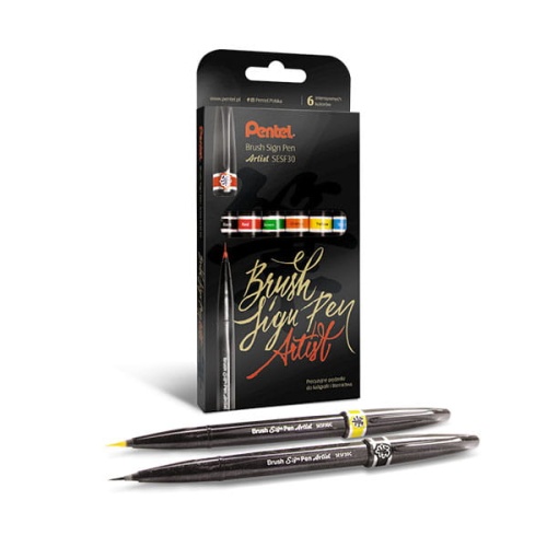 Zestaw flamastrów pędzelkowych do kaligrafii i liternictwa Pentel - 6 kolorów